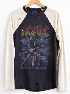 AC/DC Black Tee with Cream Raglan Sleeves and Graphic Print